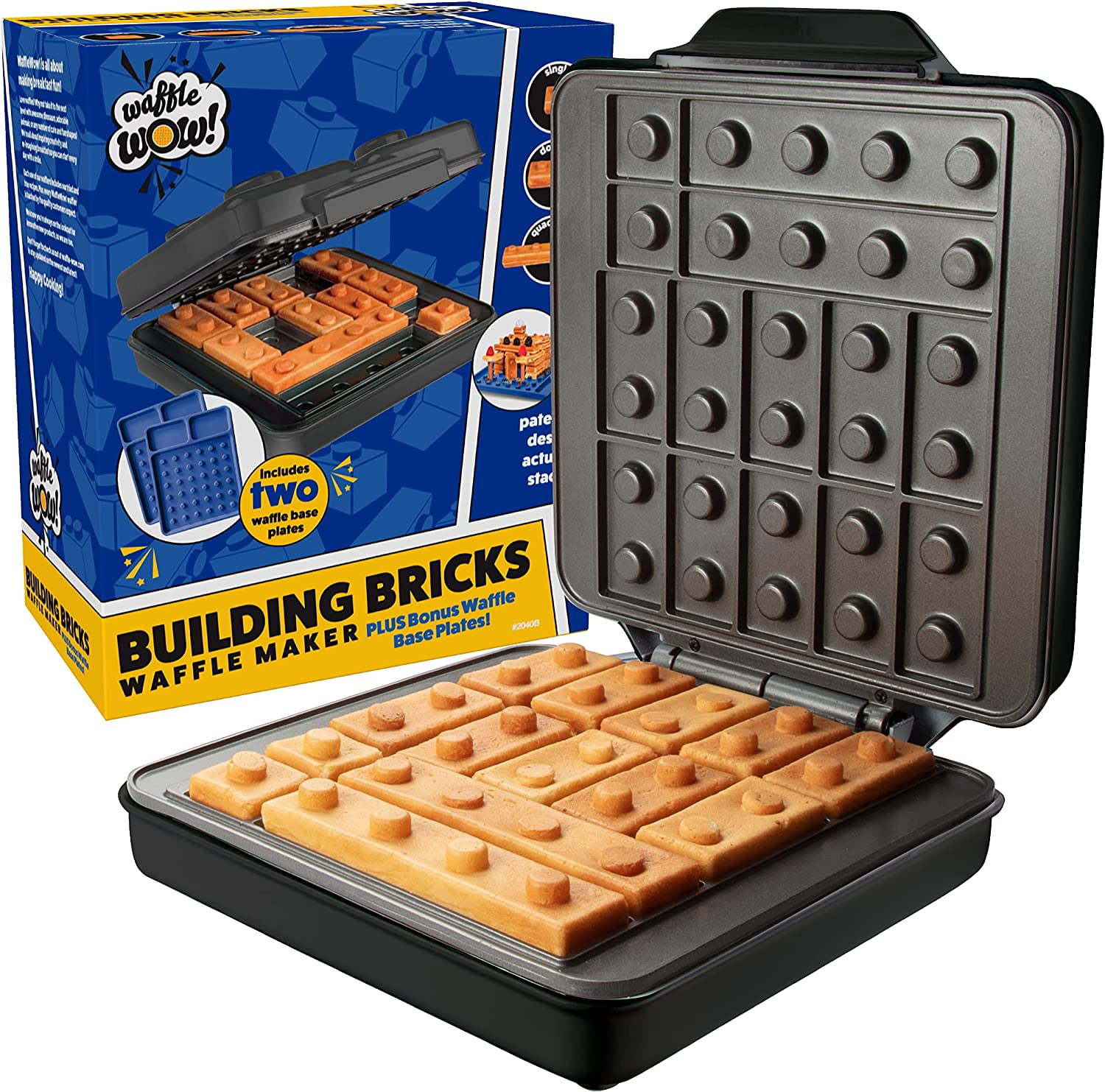 Building Brick Electric Waffle Maker BLACK with 2 Construction Eating Plates Cook Fun Buildable Waffles in Minutes Revolutionize Breakfast Stack Build on Serving Dishes Great Holiday Gift Walmart