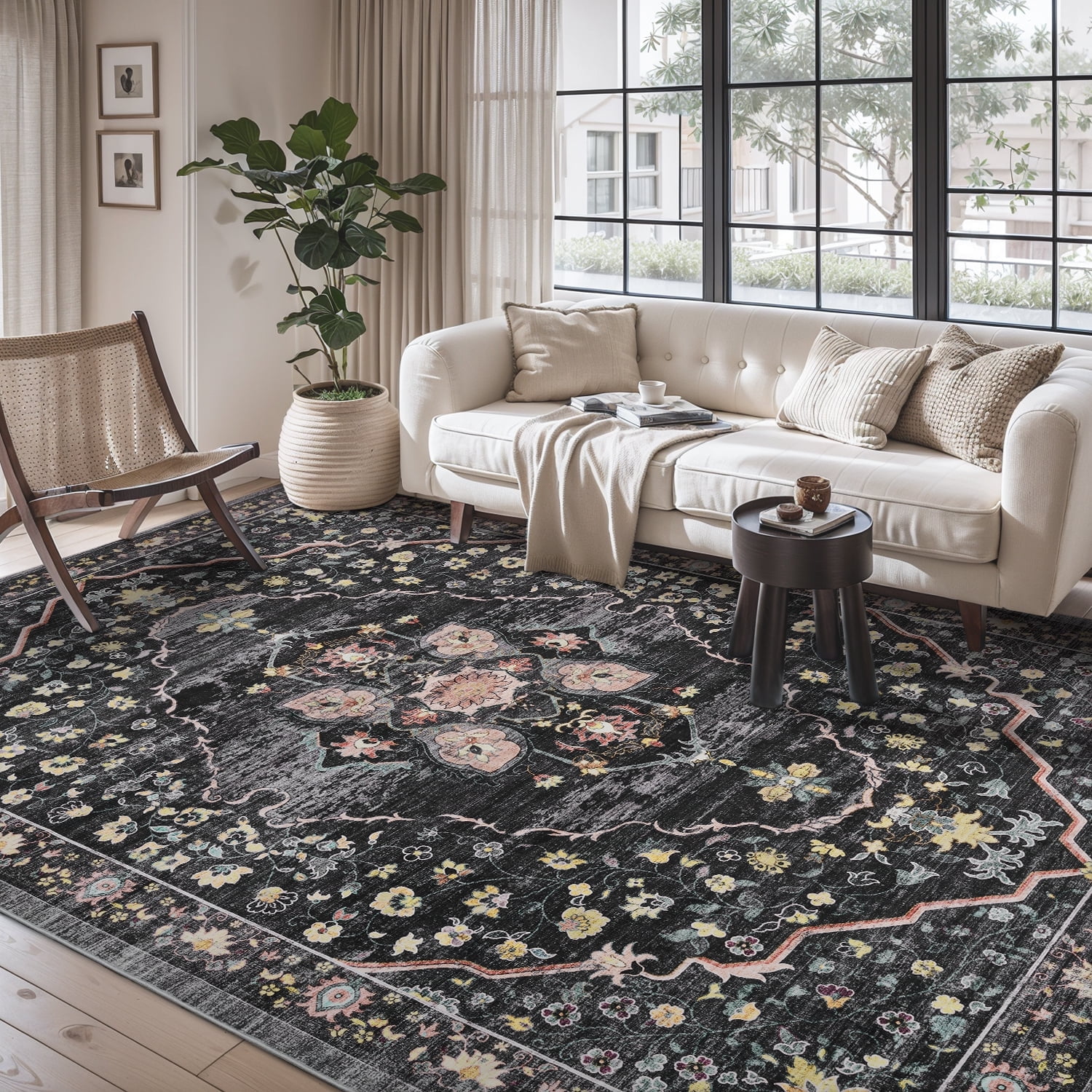 VUNATE 9'x12' Area Rugs for Living Room Washable Rugs Floral Vintage Area Rug Botanical Indoor Carpet Soft Rugs for Bedroom Office Dining Room Kitchen Accent Rug Contemporary Home Decor Black