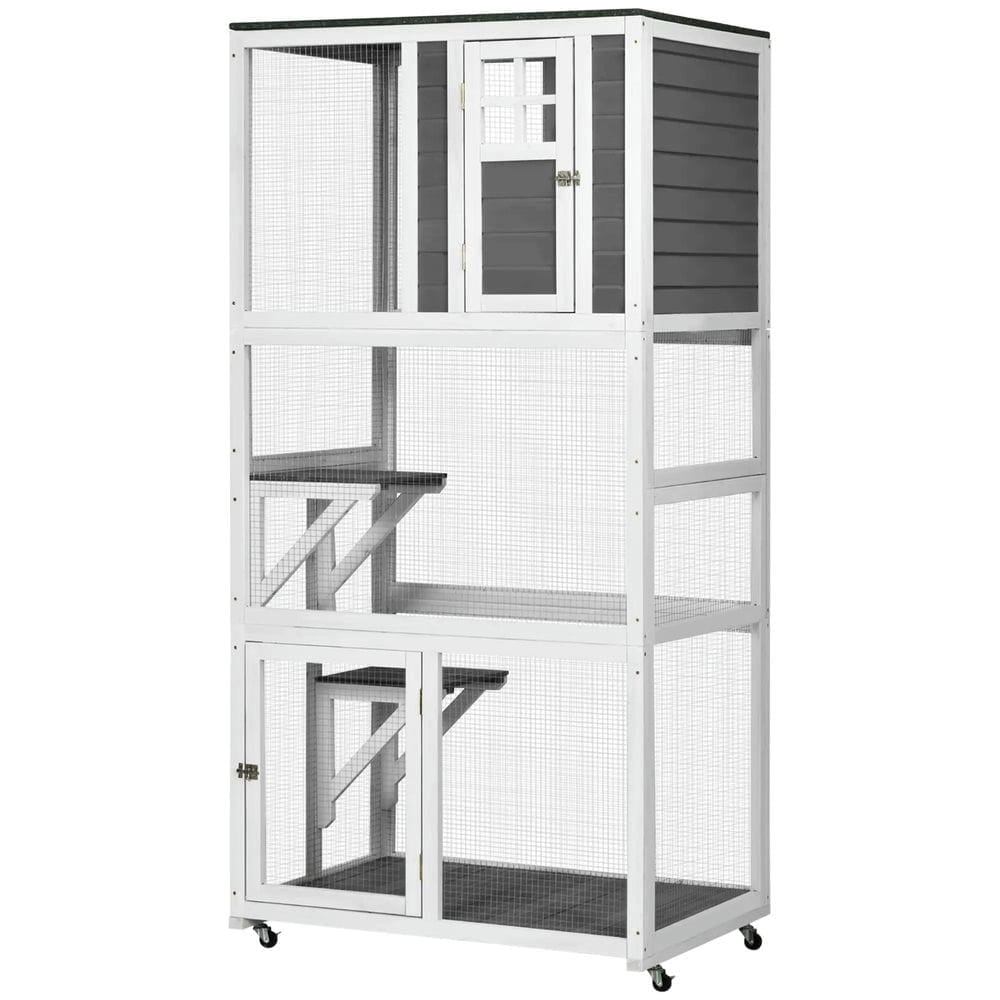 Topcobe 74" Wooden Catio Outdoor Cat House Weatherproof & Wheeled, Outside Cat Enclosure with High Weight Capacity, Kitten Cage Condo, Outside Pet Shelter, Small Animal Habitat, Dark Gray