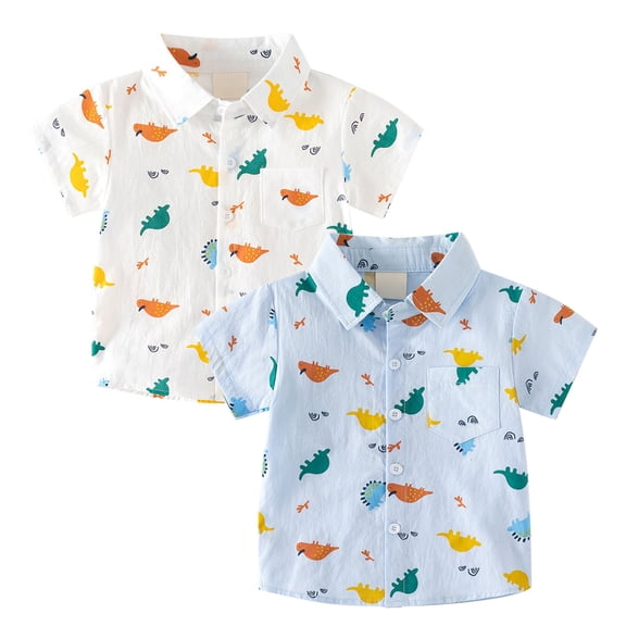 YUEHUA kids shirts boys 7-8 Little & Big Boys Short Sleeve Button Down Shirt Cartoon Dinosaur Pattern With Pockets For 2 To 8 Years Old