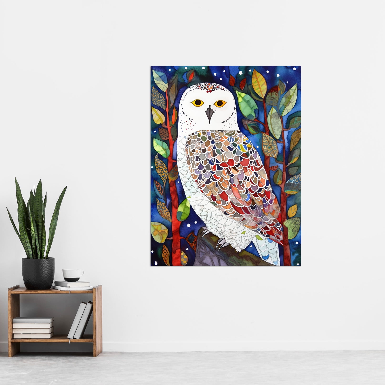 Snowy Owl Between Tree Branches Folk Art Art Print Framed Poster Wall Decor  12x16 inch 