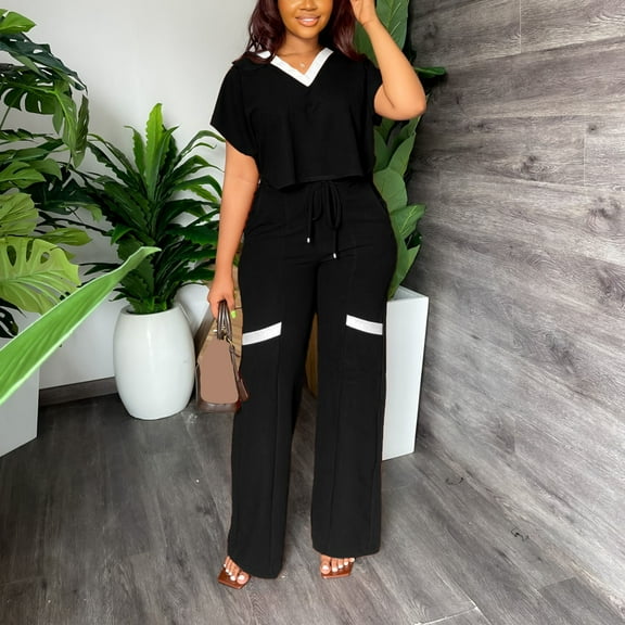 Idoravan Women Sets Clothing Womens Casual Fashion Solid Color Short Sleeve Top High Waist Straight Leg Pants Commuting Two-piece Set