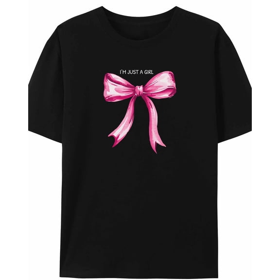 Women's T-Shirt I'M JUST A GIRL Pink Bow Short Sleeve Casual Tee Classic Crew Neck T Shirt for Women Black, 4XL