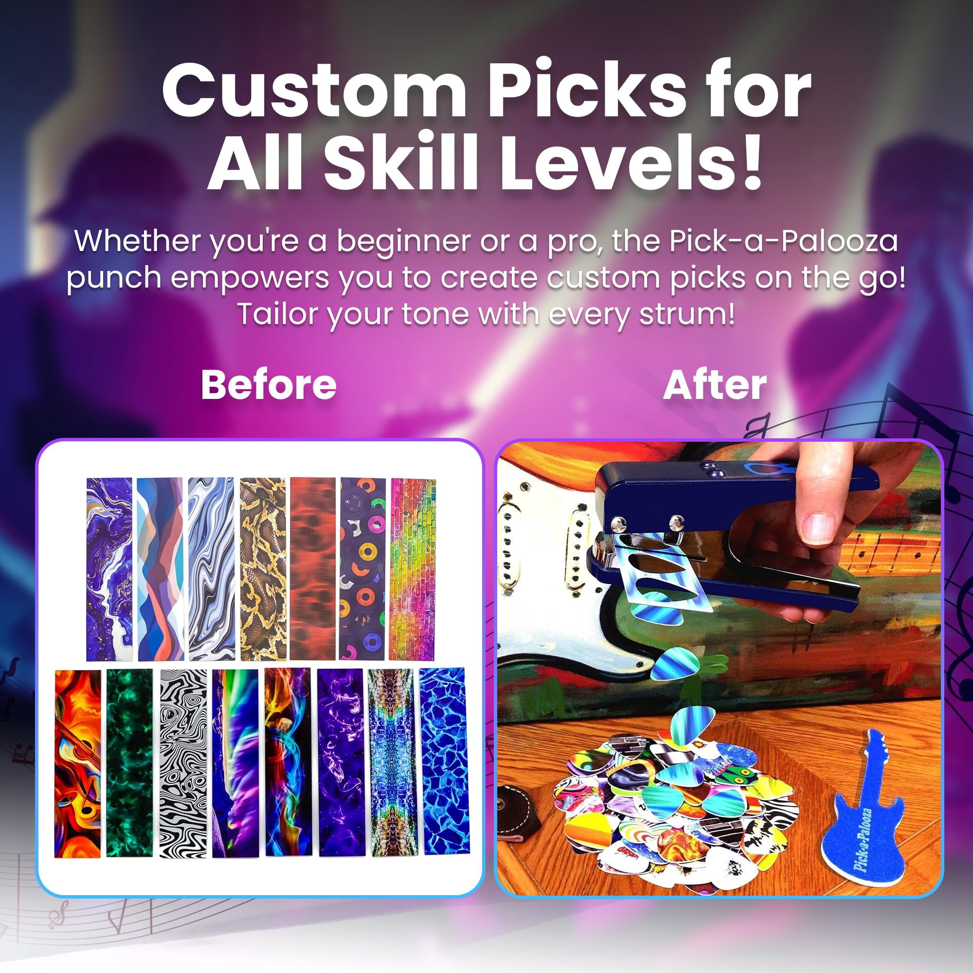 Pick-a-Palooza DIY Guitar Picks Punch Mega Pack - Custom Pick Maker for Musicians - Features Leather Key Chain Holder, Pick Strips with Artwork & File - Unique Gifts for Men & Women - Blue Punch