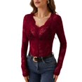 thumbnail image 2 of felwors Women Floral Lace Long Sleeve See-Through Tops Crewneck Low Cut Lined Bust Shirts Slim Chest Tie Bow Crop Blouses Wine, XL, 2 of 8