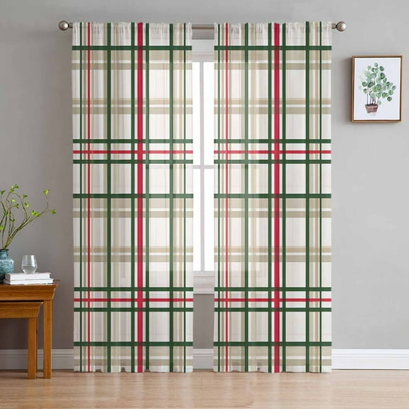 Green Red Plaid Christmas Sheer Curtains 84 Inches Long, Xmas Checkered Buffalo Light Filtering Window Curtains for Living Room/Bedroom, Rod Pocket Voile Sheer Curtain Drapes, 52"W x 84"L, 2 Panels