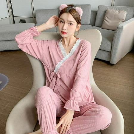 

DanceeMangoo Womens Pajama Set Spring Autumn Lace Sleepwear Shirt Women Pijamas Set Long Sleeve Sweet Leisure Girls Trousers Outwear Clothes