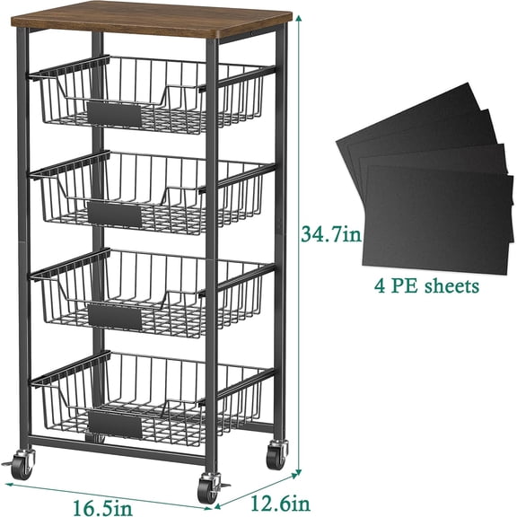 Kitchen Storage Cart with Wheels, 5-Tier Metal Utility Rolling Cart Fruit Vegetable Storage Basket Pantry Rack with Wood Top & Pull Out Baskets for Kitchen Livingroom Diningroom Office