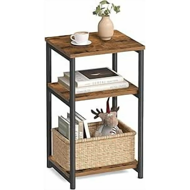 VASAGLE Mesa de Sofá, Mesa Auxiliar de 3 Niveles, Mesita de Noche con Marco de Acero, para Salón, Dormitorio, Estudio, Marrón Rústico y Negro Tinta