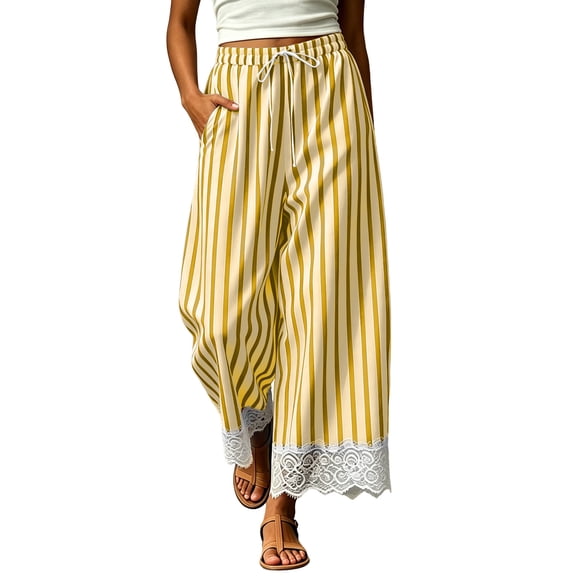Edvintorg Pants for Women Plus Size Fashion Elastic Waisted Casual Trouser Striped Loose Wide Leg Pant with Pockets Women's Clothing Yellow S