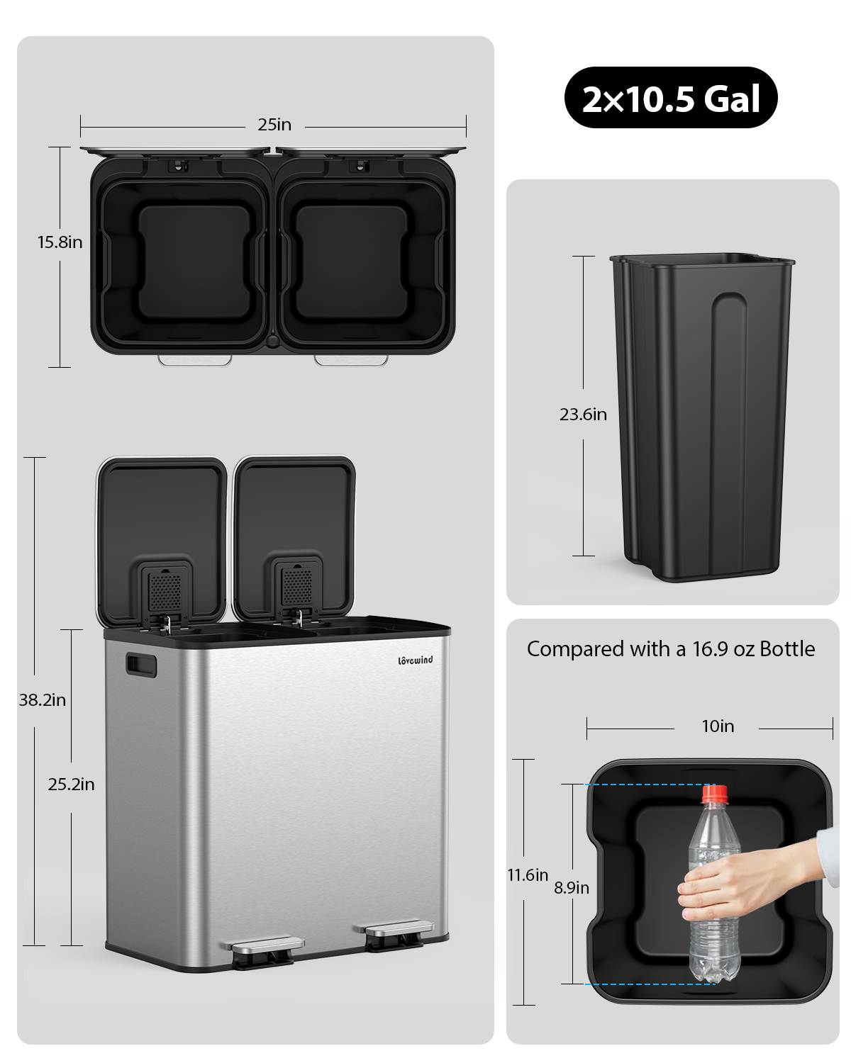 Dual Compartment Kitchen Trash Can, 2 x 10.5 Gallon Stainless Steel Garbage & Recycling Bin Combo for Kitchen, Soft Close Lids, Odor Proof, Hands Free