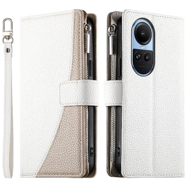 Funda cartera GANGXUN para OPPO Reno 10 Pro 5G , cuero PU con tarjetero, cremallera, correa de mano, soporte y protección 585°