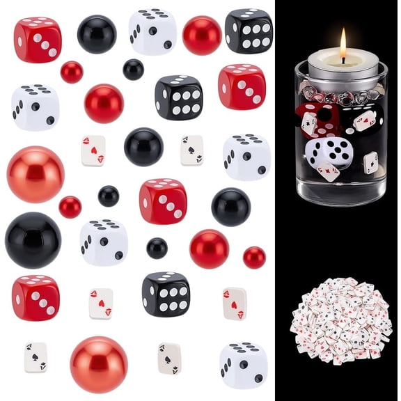 320 Pcs Casino Theme Vase Fillers Bead Kits Plastic Imitation Pearl Beads Opaque Acrylic Dice Handmade Polymer Clay Mini Playing Card for Las Vegas Night Birthday Table Centerpieces Colorful