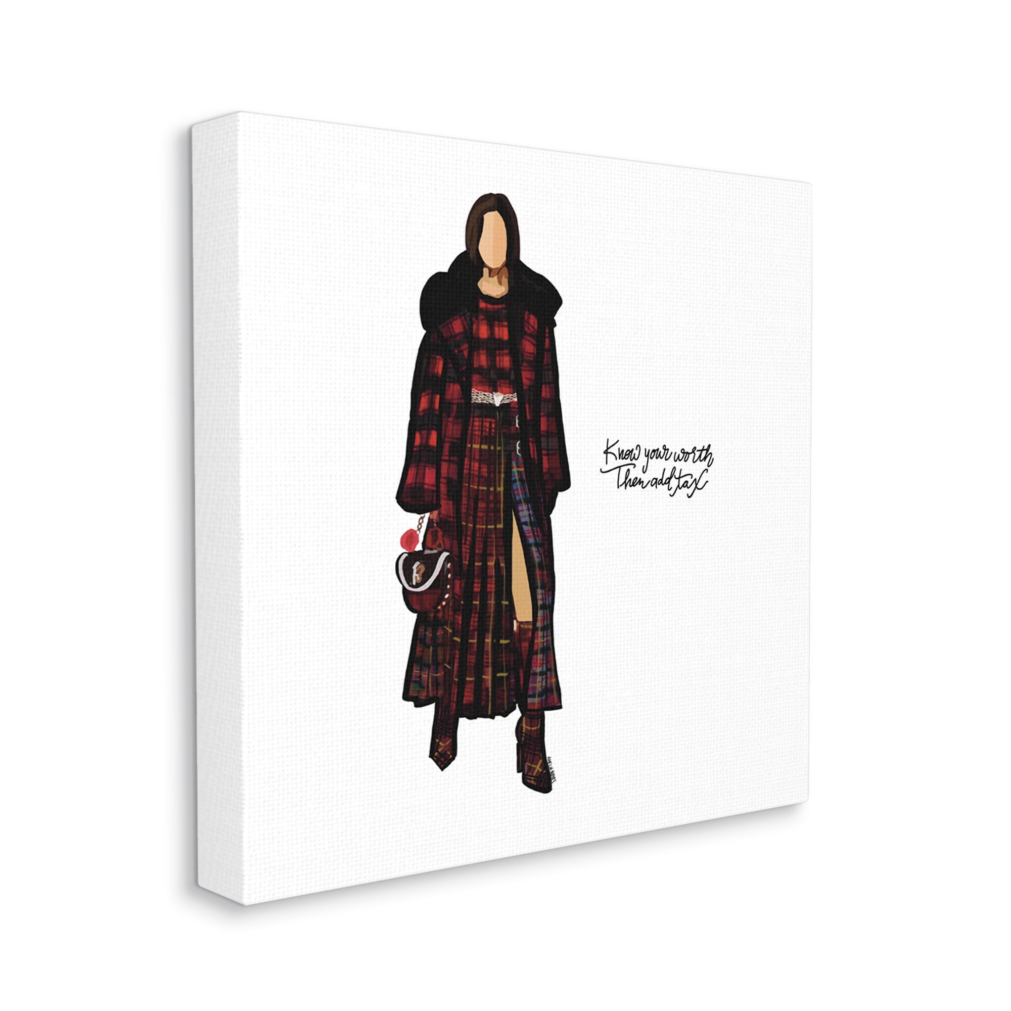 Stupell Industries Know Your Worth Trendy Plaid Outfit Fashion Graphic Art Gallery Wrapped Canvas Print Wall Art, Design by Amelia Noyes