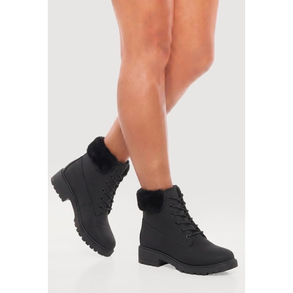 Women's Faux Fur Trim Lace Up Combat Boots