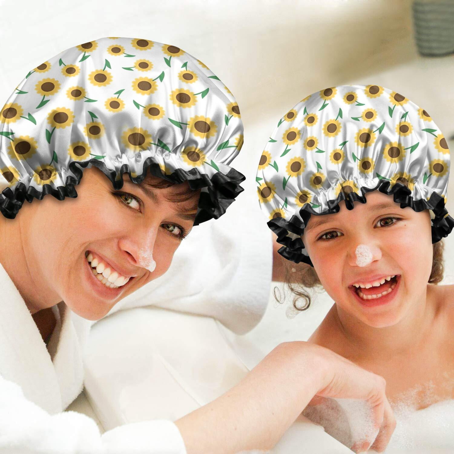Shower Caps,White Green Stem Sunflower Pattern Waterproof Shower Cap for Women 4 Pieces,Double Reusable Hair Cover for Shower PEVA Elastic Stretch Hem