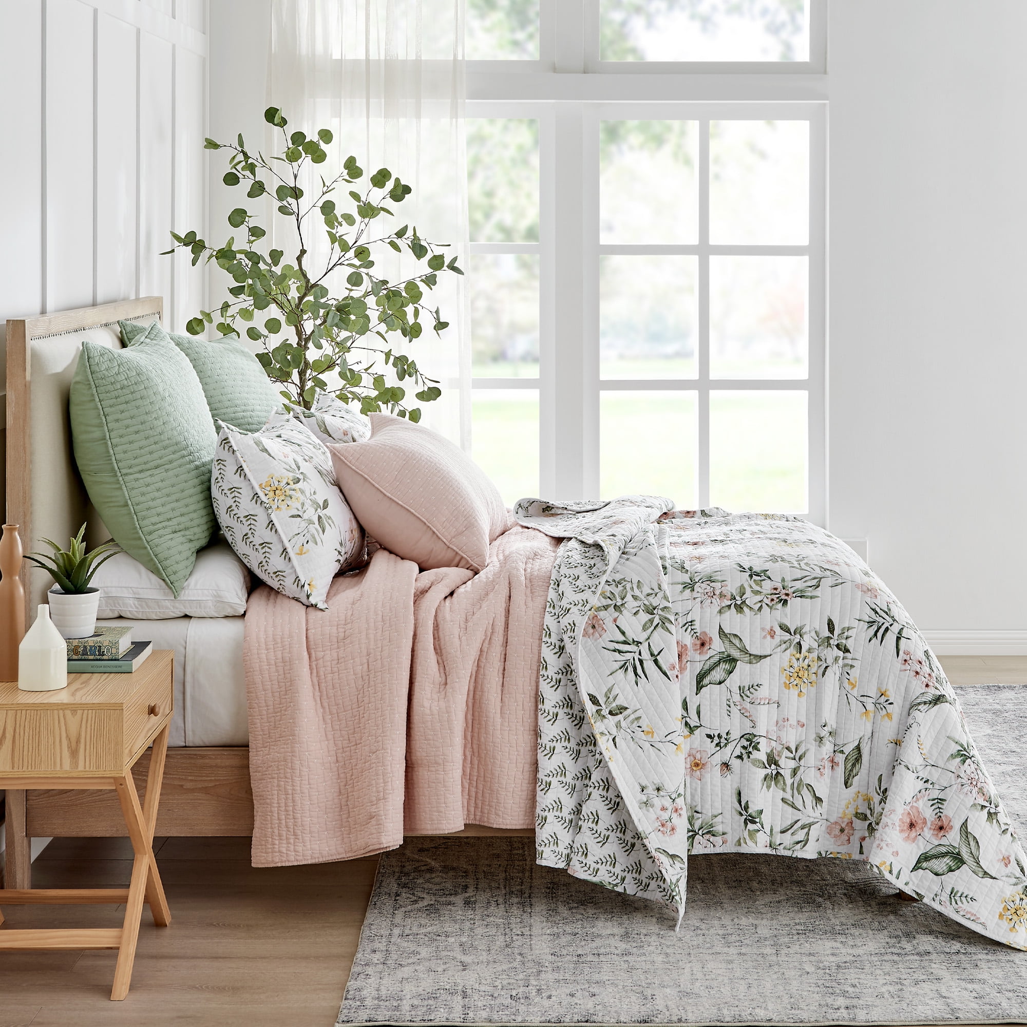 Levtex Home - Viviana Quilt Set - King Quilt + Two King Pillow Shams - Botanical Floral - Coral, Green, Yellow, Cream - Quilt (106x92in.) and Pillow Shams (36x20in. ) - Reversible - Cotton