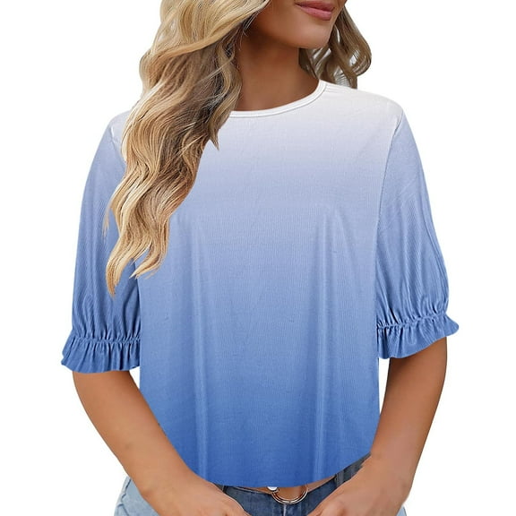 Aofany Plus Size Blouses for Women Pleated Puff Short Sleeve Tunic Tops Casual Summer Round Neck Gradient T Shirts