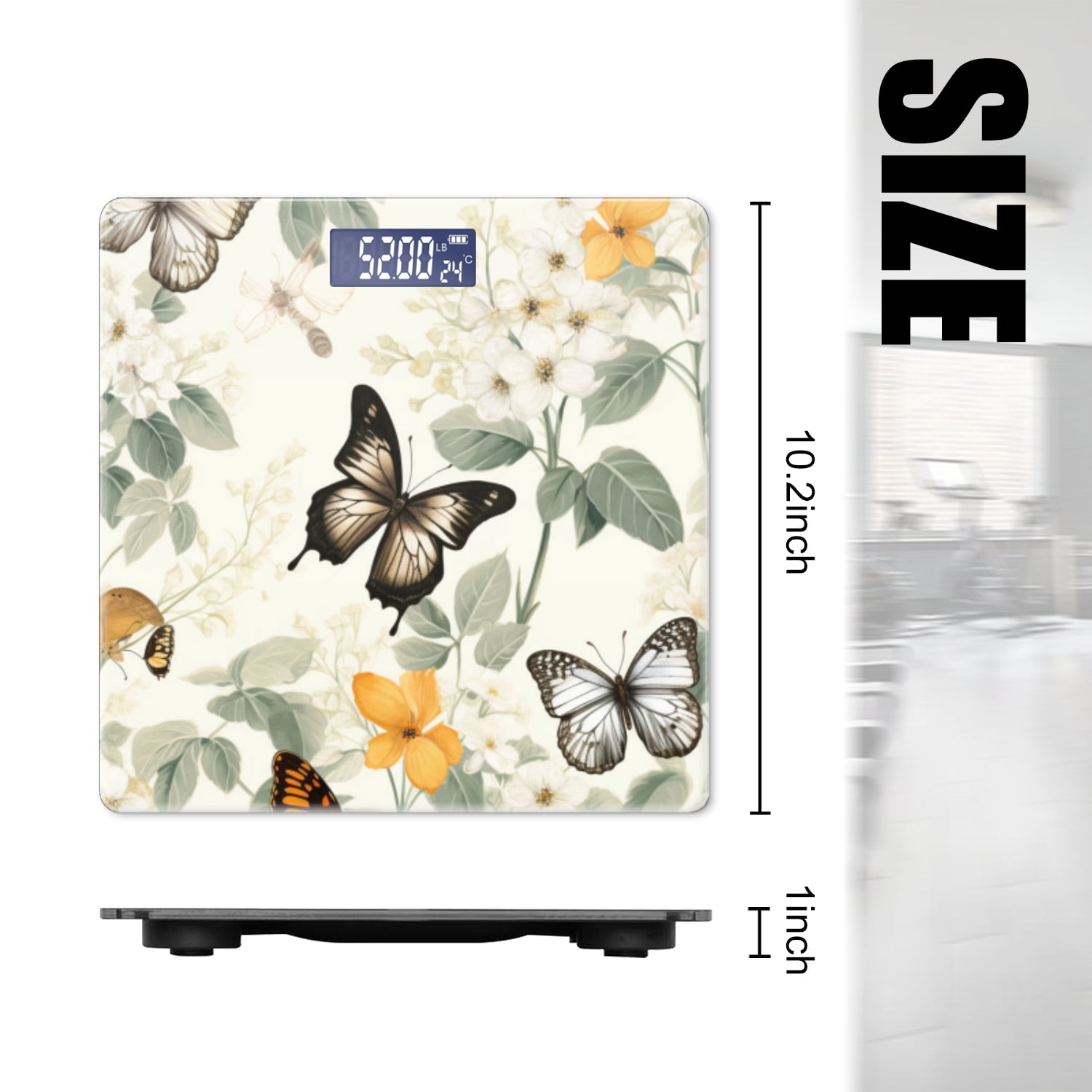 High Precision Body Weight Scale Smart Bathroom Scales with Large LCD Display(400lbs),Decorative for Bedroom-All-White Background With Butterflies And Flowers