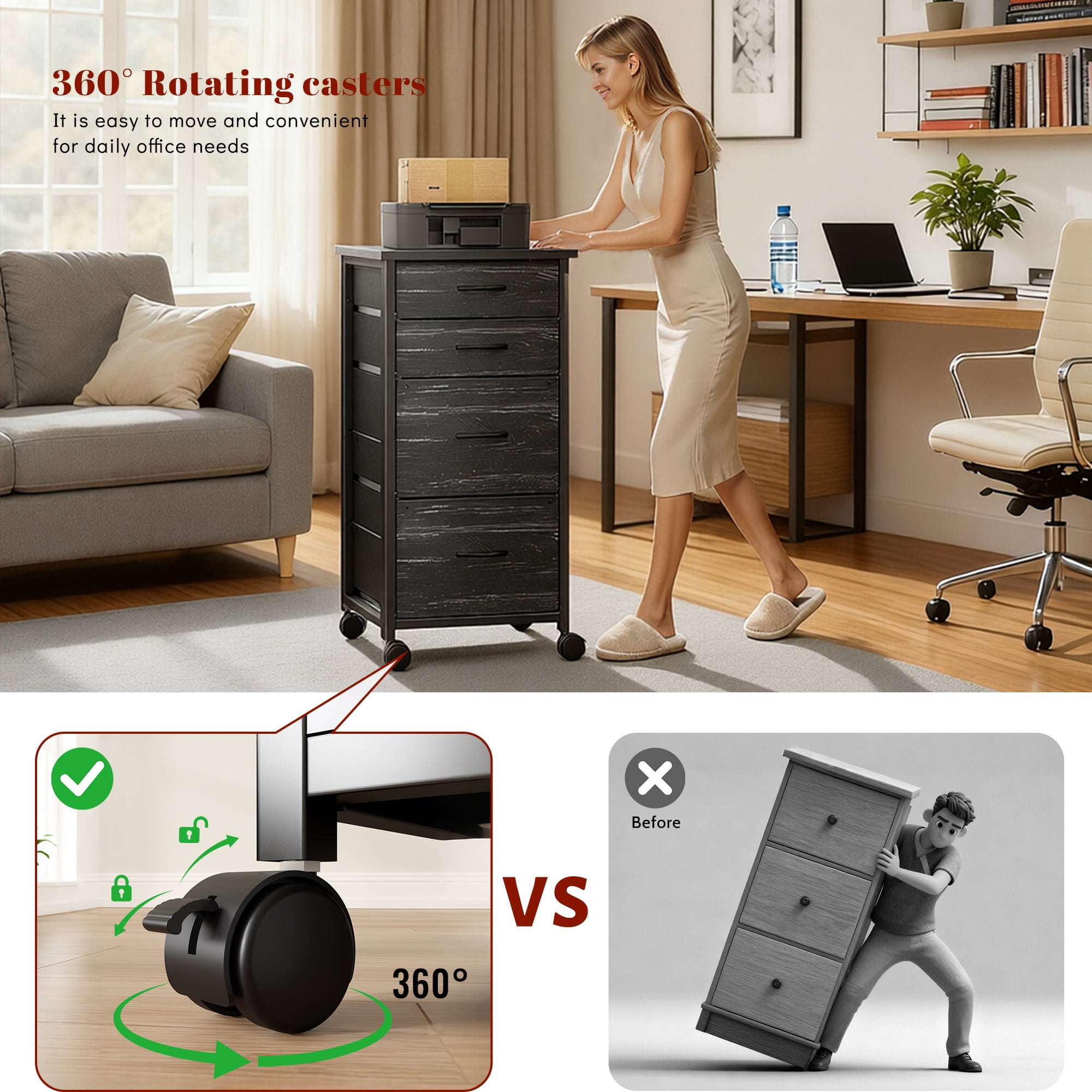 Romorgniz 4 Fabric Drawers Mobile File Cabinet Desk Table Cabinet Fits A4/Letter Size Printer Stand for Home Office，Black