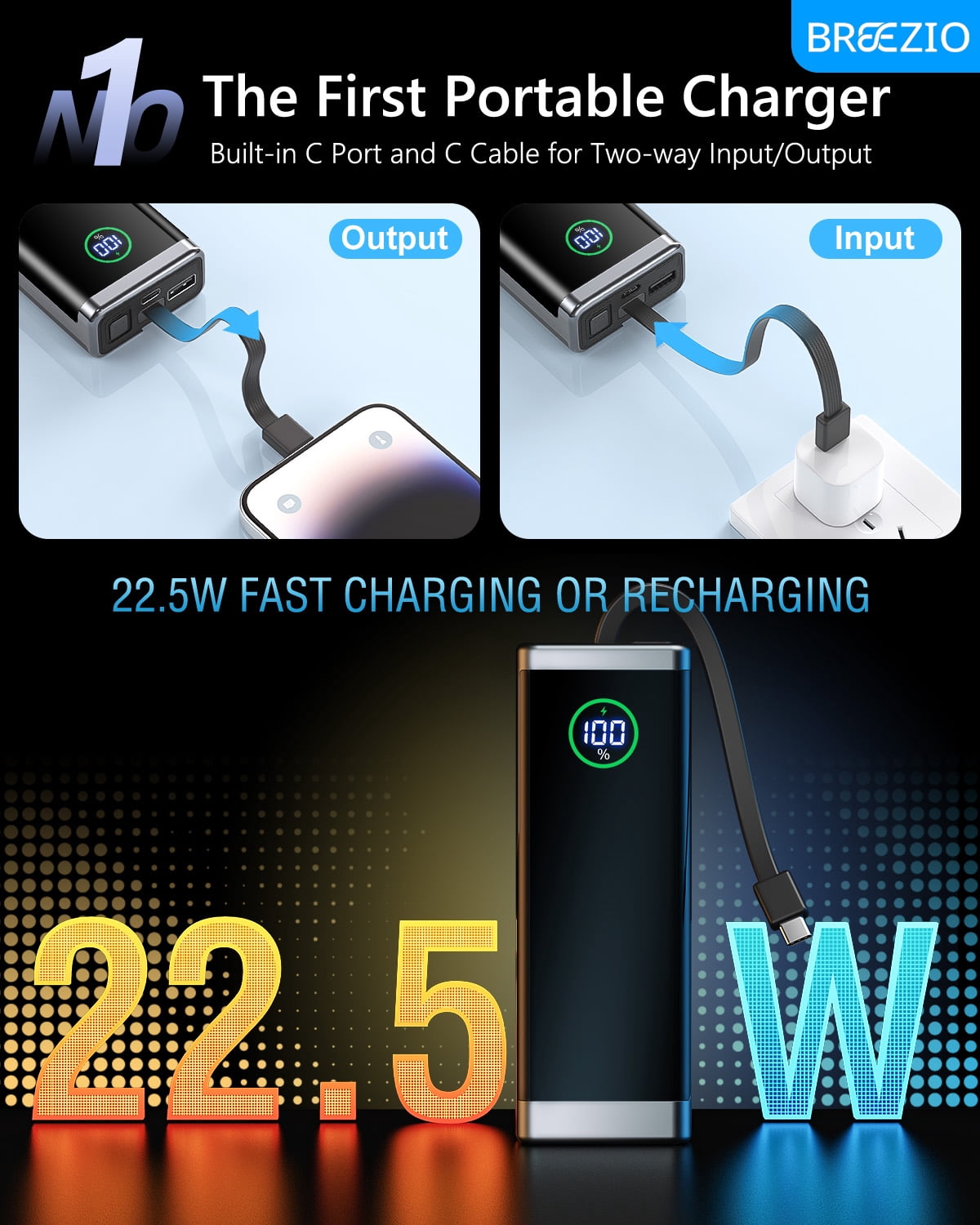 Portable Charger 40000mAh, 22.5W Fast Charging Battery Pack USB-C In&Out with Built in Cables, LED Display Power Bank Compatible for iPhone 17/16/15, Samsung, iPad