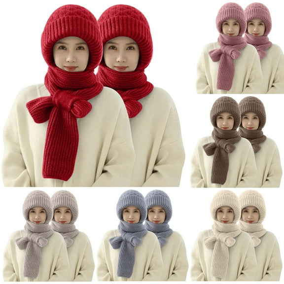 UTSJKR 2 Pack Integrated Ear Protection Windproof Cap Scarf, 2026 New Winter Warm Knitted Hat Scarf Hooded Scarfs for Women Cold Winter Pink