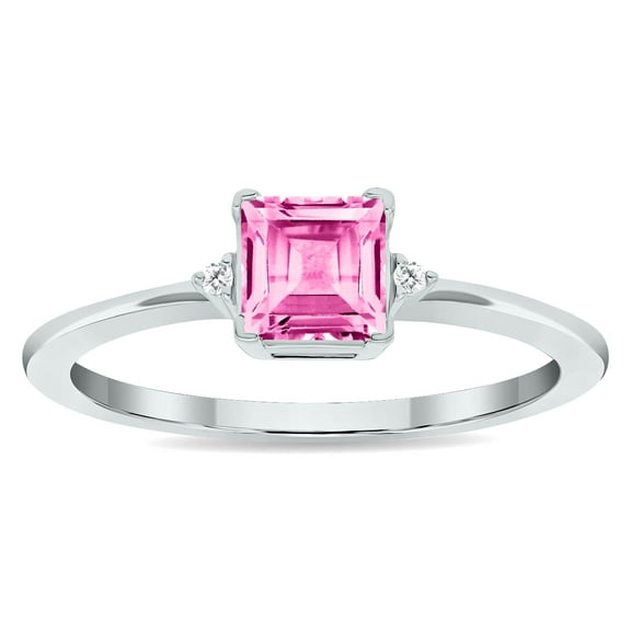 SZUL Women's Princess Cut Pink Topaz and Diamond Classic Band in 10K White Gold