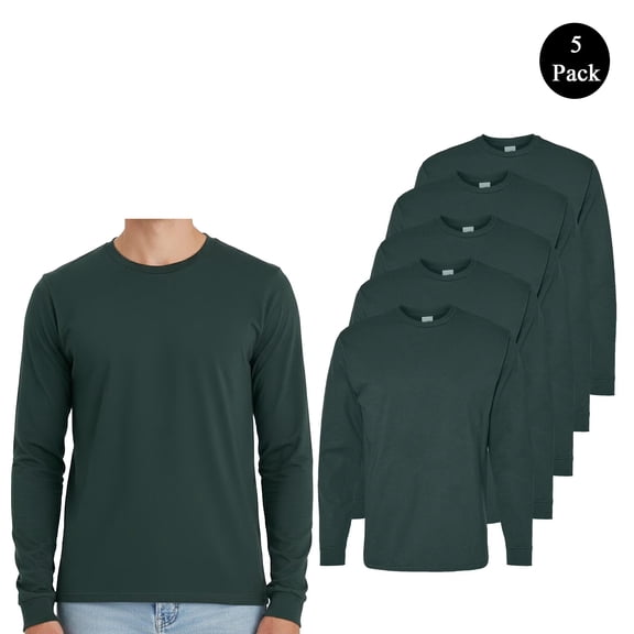 Hanes Essential-T Men's Long Sleeve T-Shirt, Crew Neck Athletic Dark Green Casual Tee, 5-Pack, S