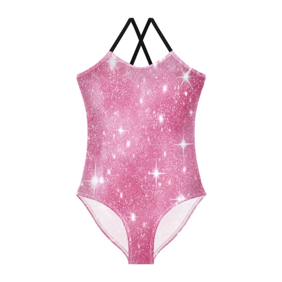 Girls' One-piece Swimsuit Cross Back Bathing Suit Beach Surfing Sizes 3T-10T Pink Glitter Background