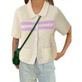 thumbnail image 2 of Womens Striped Short Sleeve Sweater Casual Knitted Button Down Crochet Cardigan Vintage Y2k Hollow-Out Tops, 2 of 6