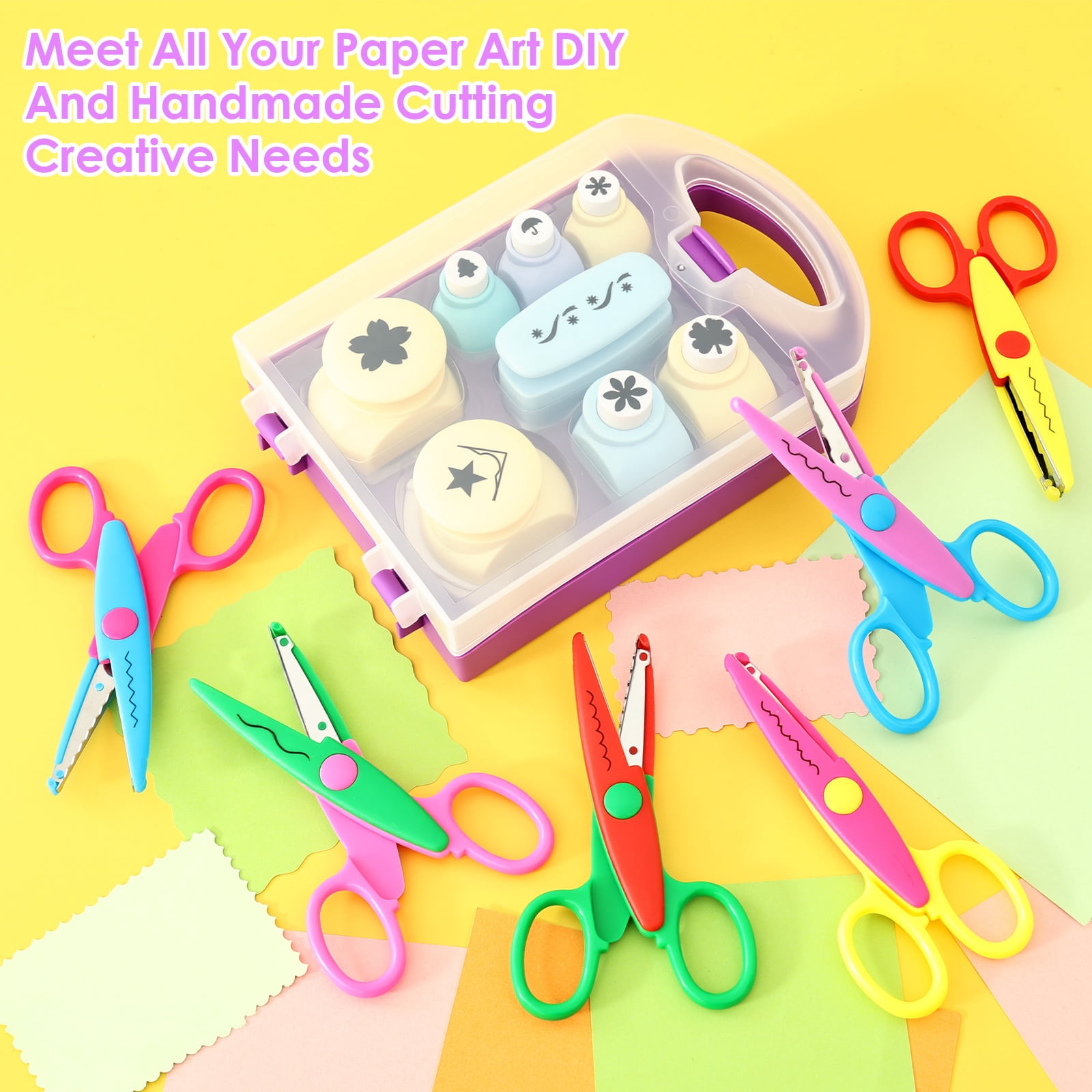 14Pcs DIY Craft Scissors Set, 6 Scissors with Fun Decorative Edge - 8 Paper Hole Punch Shapes , Include Safety Scissors & Hole Punch Shapes, Paper Punches for Crafting, Scrapbooking