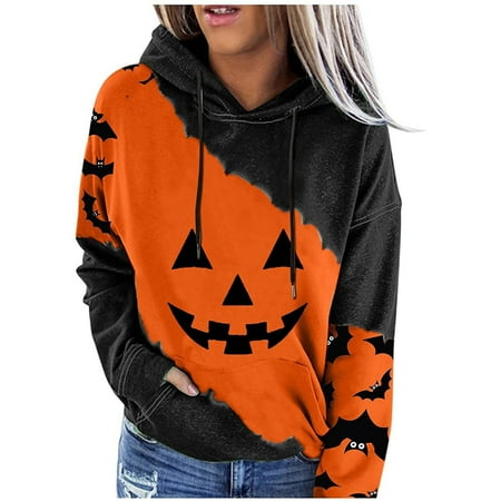 

DENGDENG Cute Womens Hoodie Long Sleeve Outfits Maternity Sweatshirts for Women Funny Hooded Halloween Pumpkin Workout Pullover Womens Plus with Pocket Drawstring Fashion Clothing for Women Yellow L