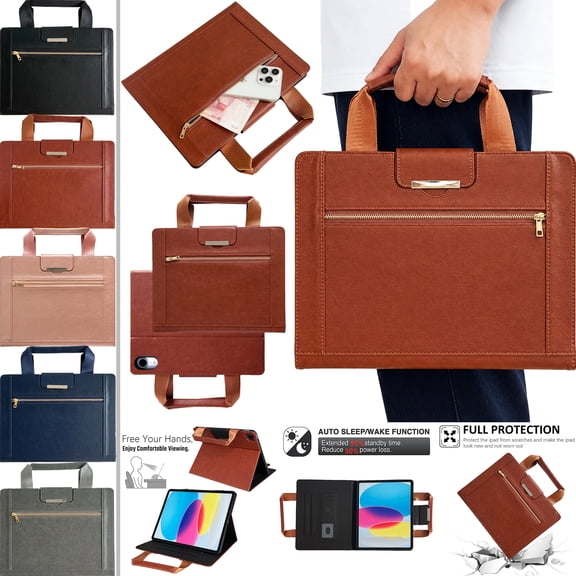 Handbag Case for 10.2-in iPad 9th/8th/7th Generation Leather Flip Stand Cover, Auto Wake/Sleep, with Card Holder & Zipper Pocket
