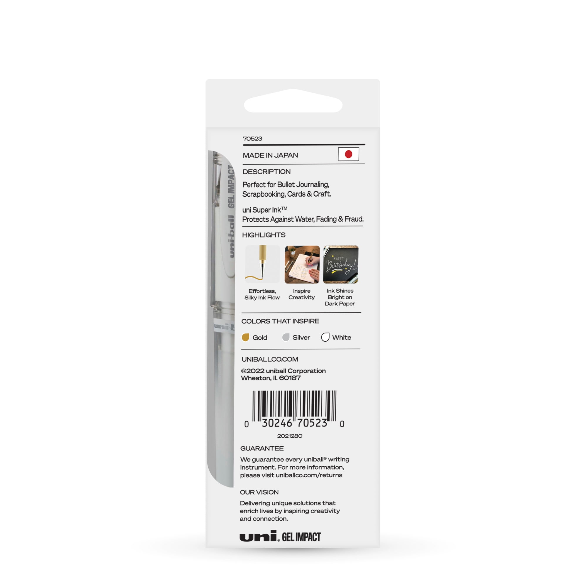 uniball Gel Impact Gel Pens, Bold Point, 1.0mm, Gold/Silver/White Ink, 3 Count