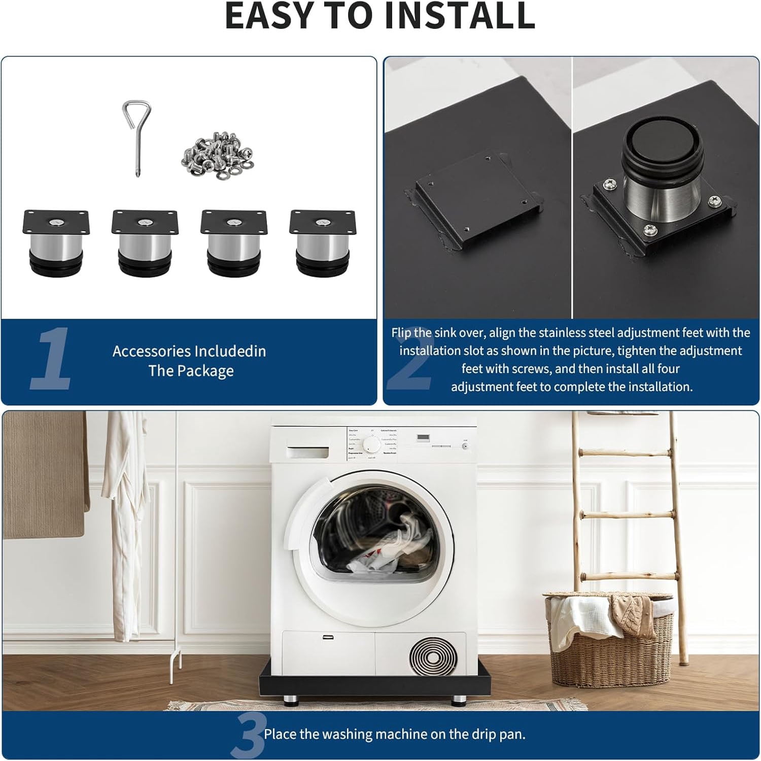 Studyset Heavy-Duty Carbon Steel Washing Machine Pan - 24x24x2in Rust-Free Water Damage Protection with 4 Anti-Vibration Feet, Easy Install No-Hole Design