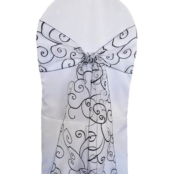 Wedding Linens Inc. (10pcs) 8'' x 108'' Embroidered Organza Sheer Chair Sashes Chair Bow Ties - White/ Black