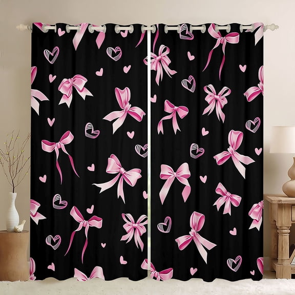 Erosebridal Pink Coquette Bowknot Black Out Curtains For Bow Lovers,Cute Loves Print Kids Curtains Pack of 2 (42x63 Each)