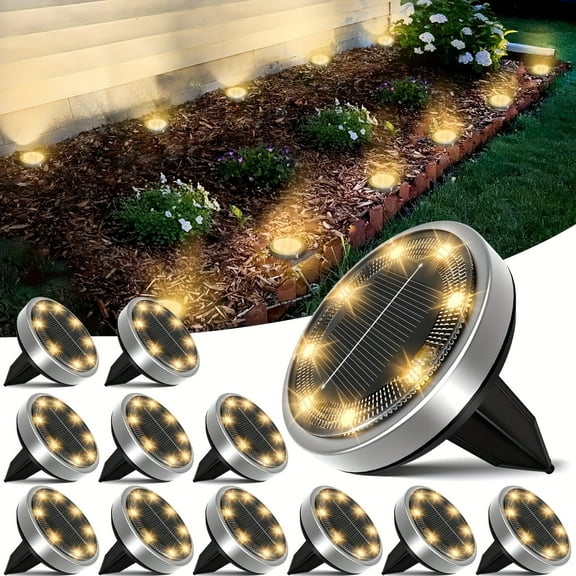 12 Pack Solar Ground Lights Outdoor - 8 LED Solar Pathway Lights with Auto On/Off, IP44 Waterproof, Warm White for Garden, Walkway, Driveway, Stairs & More