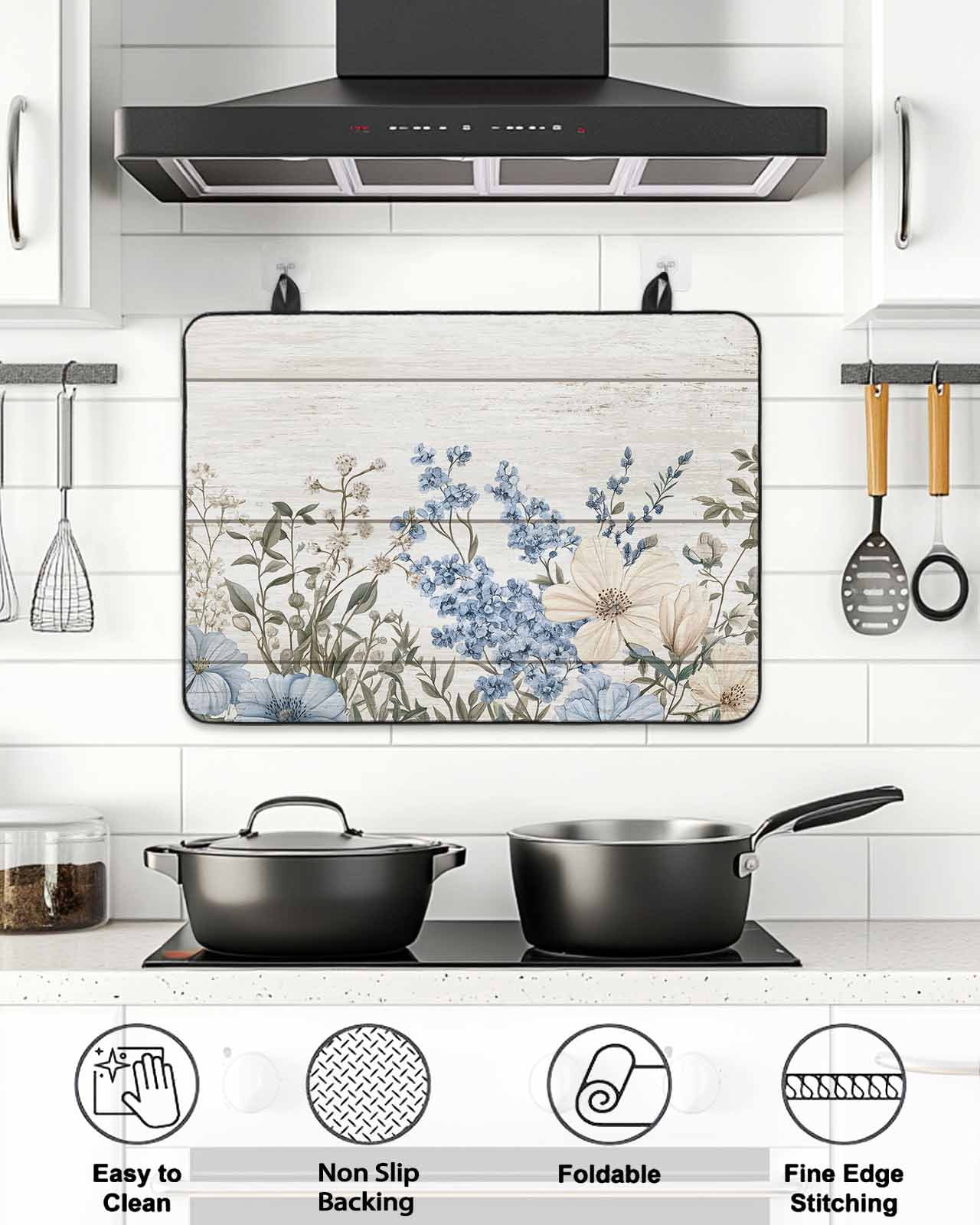 Stove Top Covers for Electric Stove, Blue Floral Spring Glass Stovetop Cover Protector, Summer Botanical Flower Vintage Induction Cooktop Protector Oven Mat for Kitchen Countertop 24"x21"