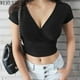 thumbnail image 4 of Camiseta negra Sexy con cuello en V para mujer, Top corto de manga corta Y2k, ropa de calle, Tops de corsé de moda coreana, 2023, 4 of 5