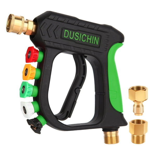 DUSICHIN Short Pressure Washer Gun Car Wash Foam Gun 1/4" Quick Connector, Power Washer Wand Sprayer Foam Green Handle with 3/8" Quick Connect, M22-14 mm and M22-15 mm Fitting,5 Nozzles DUS2701