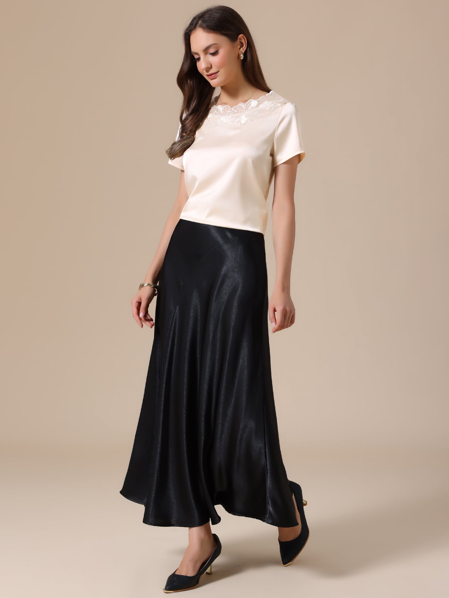 DARING DIVA Women's Elegant Floral Lace Blouse Short Sleeve Casual Work Shirt XS Champagne