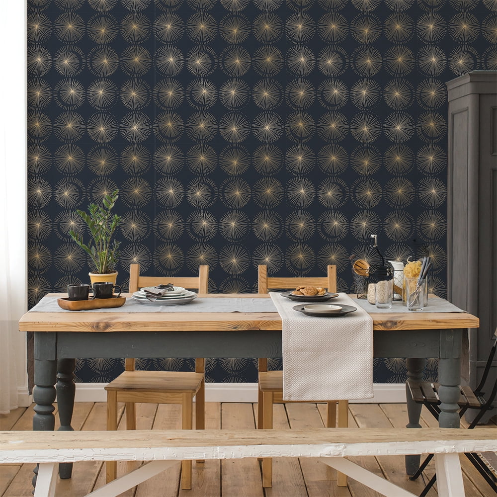Tempaper Goodbye Moon Blue & Metallic Gold Peel and Stick Wallpaper, 20.5" x 16.5'