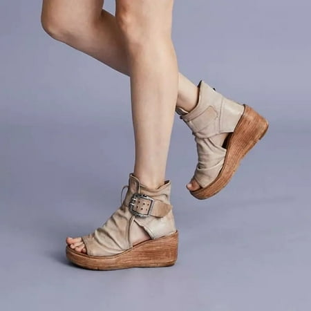 

JIANBUDAN New Flat Bottom summer Ankle boots Women s wedge sandals belt Buckle Roman shoes Women Open Toe summer boots 34-43