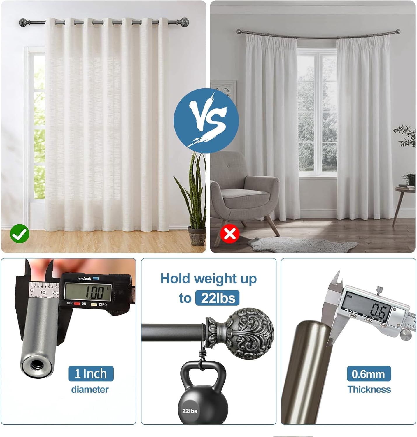 Urbanest Adjustable Single Curtain Rod Set Scroll Ball Finials – 1 - Inch Diameter, With Pewter Rod, 48–84 Inches