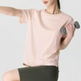 thumbnail image 2 of Women Tops Lightweight Short Sleeve Round Neck Shirts Solid Color Basic Tees Workout Running Gym T Shirts Loose Activewear, 2 of 4