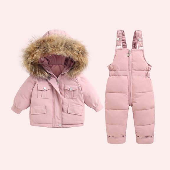 Trikvn Toddler Winter Snowsuit 2 Piece Set Heavyweight Insulated Puffer Jacket Faux Fur Hooded Coat Waterproof Ski Snow Overalls Bib Pants Warm Outerwear Suit
