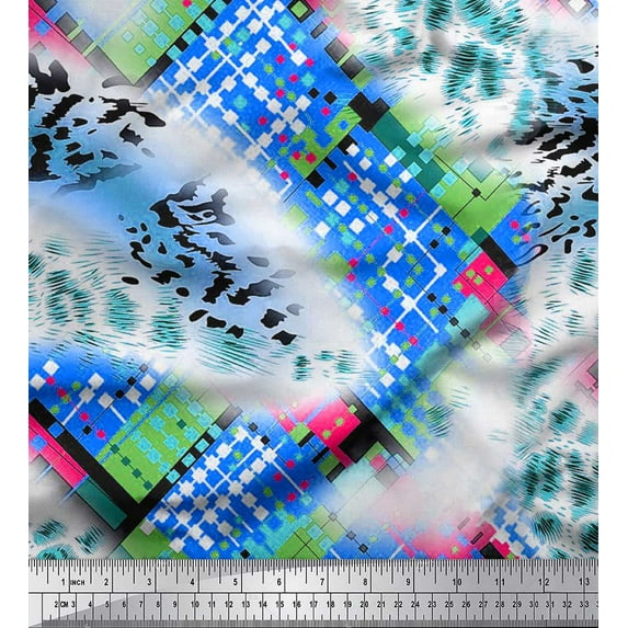 Soimoi Blue Rayon Fabric Geometric & Leopard Animal Skin Fabric Prints By Yard 56 Inch Wide