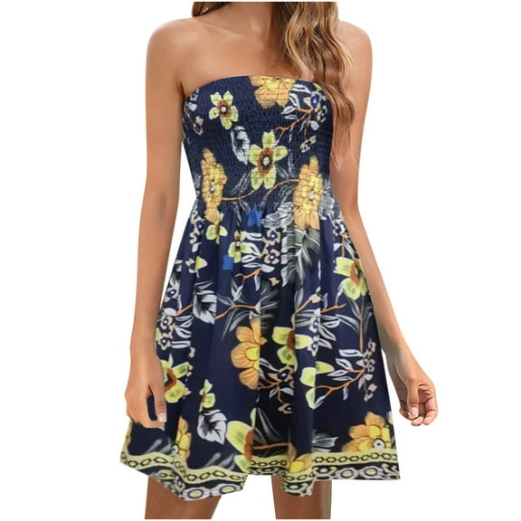 Uaswgudfs Women's Sleeveless Strapless A-Line Dress - Floral Embroidery & Waist-Defining Midi Sundress for Casual Summer 2025 Yellow L