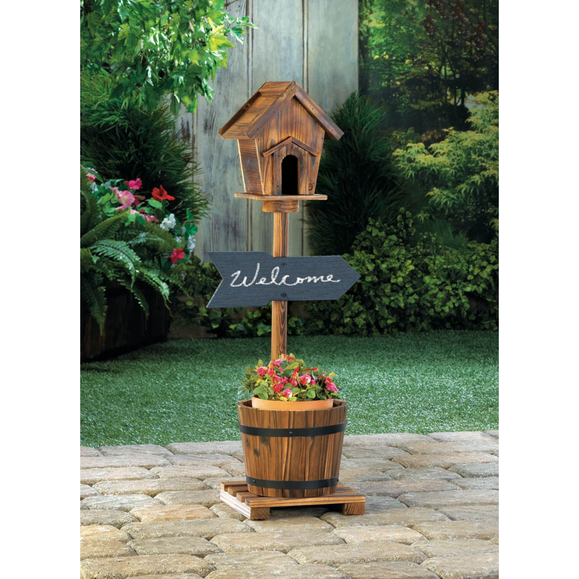 Zingz & Thingz Wooden Welcome Birdhouse Rustic Barrel Planter in Brown - image 2 of 4